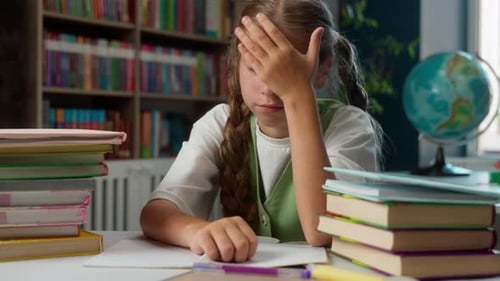 Boring Tired Frustrated Unmotivated Caucasian Little Girl Child Kid in Class with Book Studying