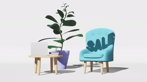 Furniture sale Soft armchair table laptop coffee cup books green plant 3D animation Living room