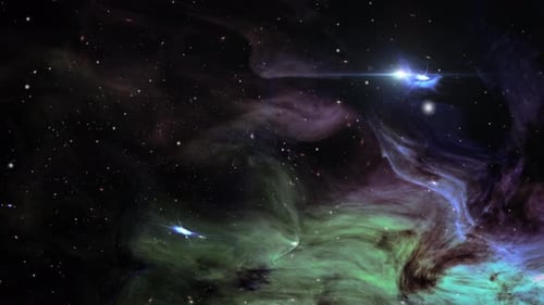 Nuvens nebulosas verdes e roxas repletas de estrelas no cosmos, no espaço