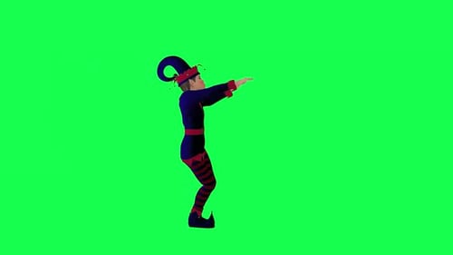 Animated clown elf dancing booty hip-hop left angle on green screen