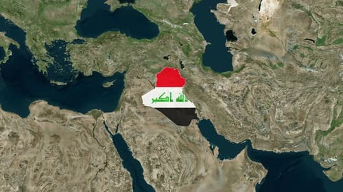 World Map Zoom to Iraq with Flag Reveal