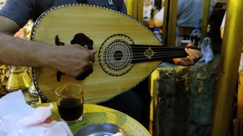 Musician Plays Intricate Oud in Cafe at Night
