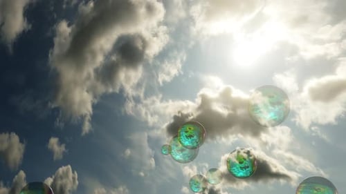 Iridescent Soap Bubbles Floating in a Cloudy Blue Sky