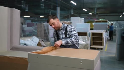 Worker Prepares Fabric for Sofa Base Upholstery