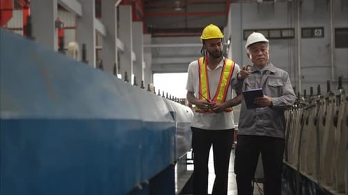 Factory workers examine equipment using a tablet