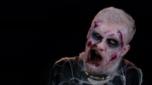 Scary Zombie Face Close-up with Dramatic Makeup