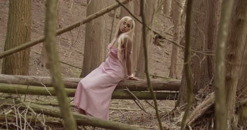 Ebony Girl With Long Blonde Hair, Wearing Pink Gown, Sitting On Top Of Fallten Tree Trunks In Forest
