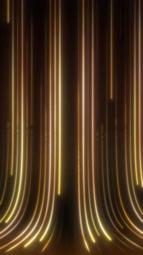 Golden glow lines falling in vertical flow forming luminous streak motion energy pattern in dark spa