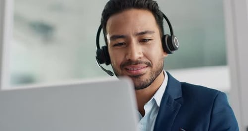 Face, laptop and business man in call center with headset for customer support or service closeup