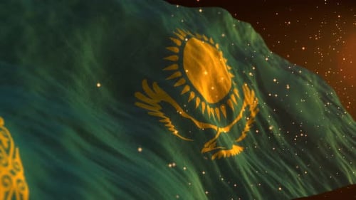 Waving Kazakhstan Flag with Glittering Gold Particles