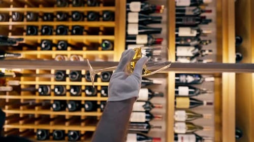 Vidéo verticale Gros plan d'un verre de vin tenu par un sommelier dans un restaurant italien