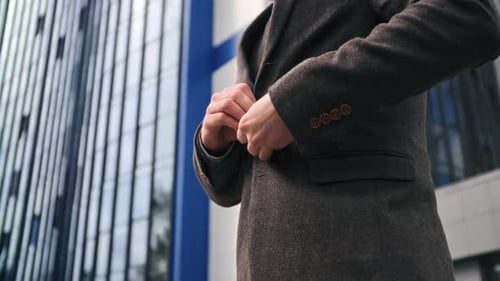 Unrecognizable Fashion Business Man Fasten Jacket Buttons Outdoor Downtown Office Building Closeup