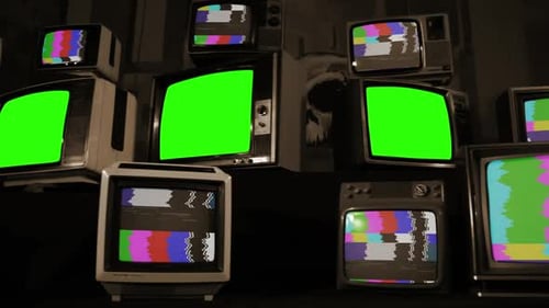 Old Televisions with Color Bars and Green Screens. Sepia Toned.