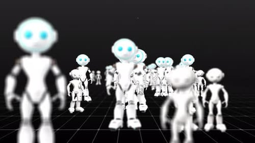 Animated White Robots Marching on Digital Grid Loop