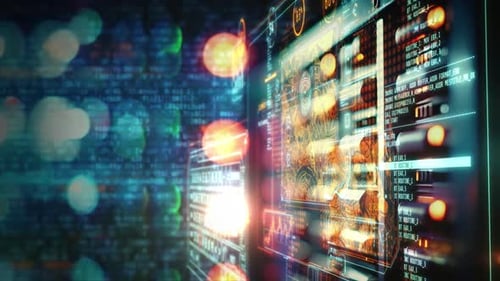 Pantalla de visualización frontal futurista que muestra el análisis de datos con Código