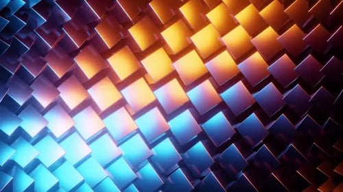 Dynamic geometric shapes shimmer with vibrant blue and orange light