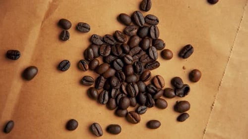 Coffee beans on old paper rotating 4K video from top