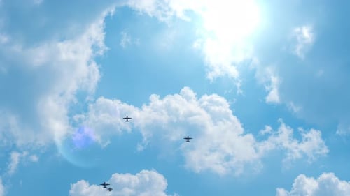 Military Transport Aircraft Squadron in Flight, Drone View
