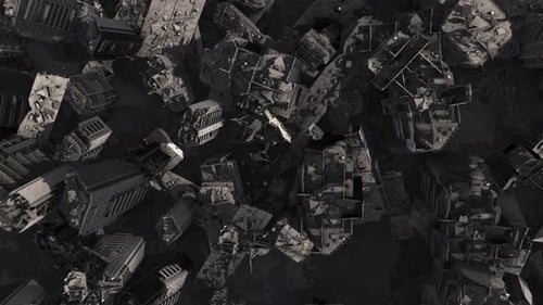 destroyed city after earthquake, aerial top down view.