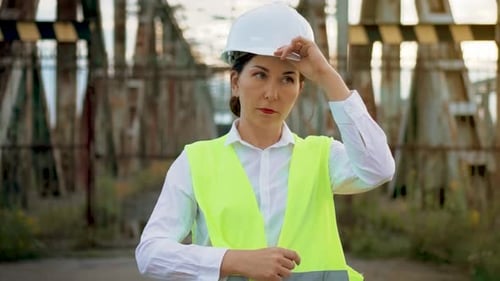 Female Engineer Inspecting Industrial Bridge Project on Sunny Day