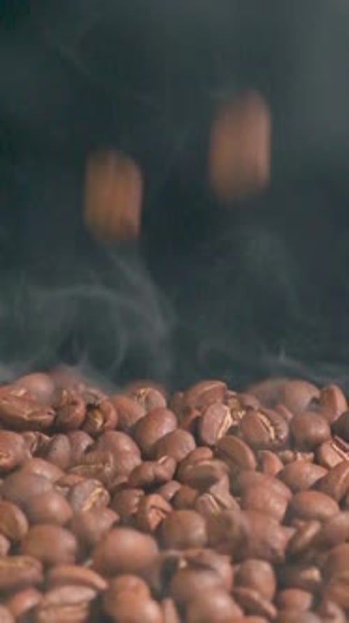 Slow motion of roasted coffee beans falling with smoke. Organic coffee seeds.