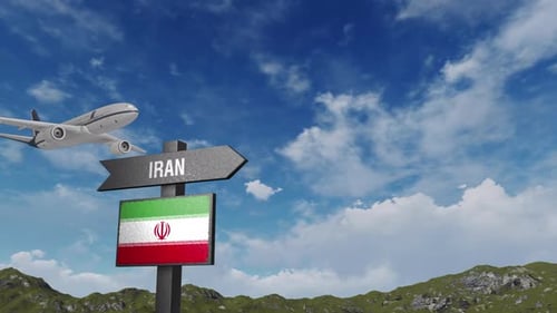 Airplane Flying Past Iran Direction Sign with Flag