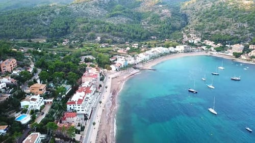 Aerial view of Port de Soller bay, Mallorca, Spain