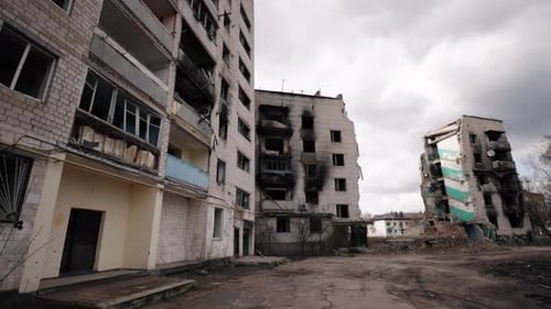 War Destruction: Damaged Buildings in Urban Landscape