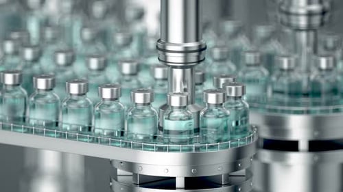 Pharmazeutische Herstellung mit Glasflaschen mit klarer Flüssigkeit, die sich auf einer automatischen Förderlinie bewegen