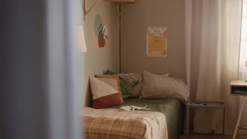 Empty Cozy Child Bedroom Showing Bed, Bookshelf in Morning