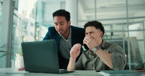 Business, men and frustrated with laptop in office for investment fail, profit loss and plummet