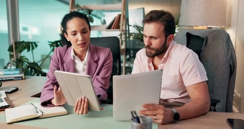 Collaboration, documents and tablet with business people in office together for financial report