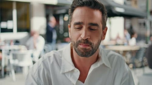 Hispanic Tourist Drinking Coffee Sitting Urban Cafe Portrait Happy Man Relaxing