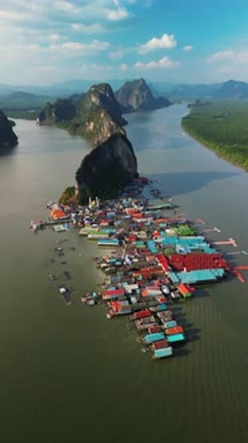 Aerial video of the floating village of Ko Panyi in Thailand