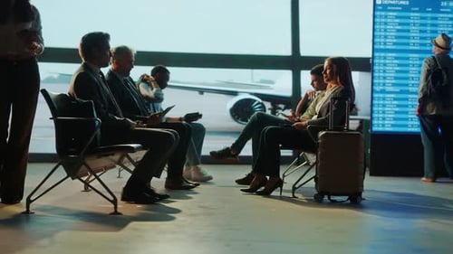 Travelers walk through an airport terminal, heading towards their gate or destination.