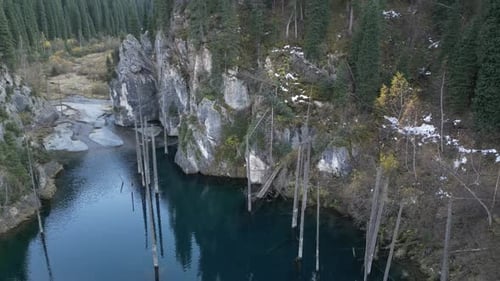 Aerial View of Serene Lake Surrounded By Rocky Cliffs and Tall Trees