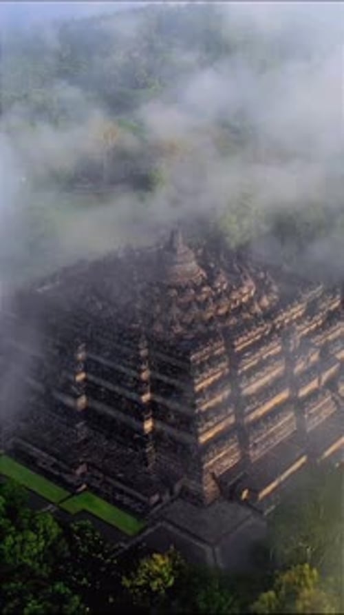 Aerial View of Borobudur Temple in Foggy Morning