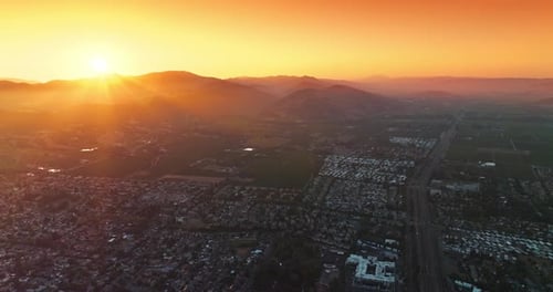 Panorama of the city surrounded by agricultural fields. Beautiful scenery of Napa, California, USA