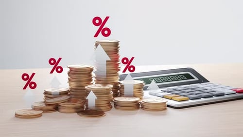 Financial Growth Calculator with Rising Coins and Percentages