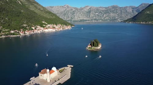 Two Islands in the Bay of Kotor Located Opposite the City of Perast Aerial View