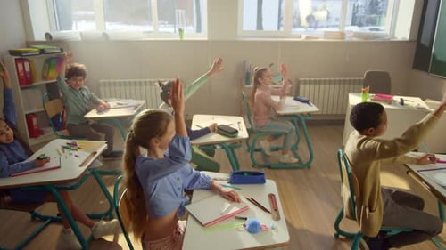 Overhead View of Multi Ethnic Children Studying in School Class. Crane