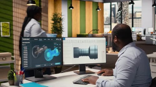 Engineer in Office Working on Wind Turbine CAD Design for Improved Technology
