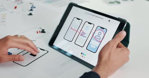 App development, business and man with tablet screen, hands and prototype with ui design