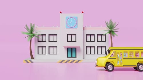 3D School Building and Yellow Bus Illustration