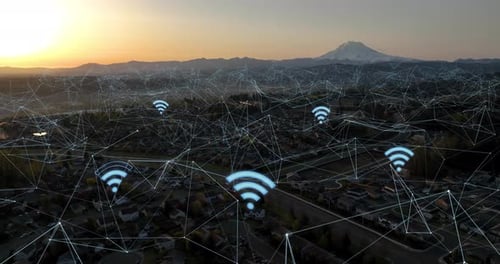 Vue aérienne d'un quartier de banlieue avec des Icones wifi bleues apparaissant et des réseaux de données connectés.
