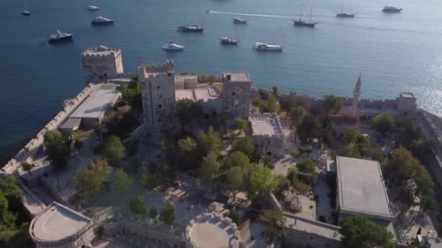 Awesome aerial view of Bodrum Castle and Bodrum Harbor, Turkey