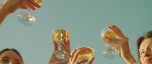 Friends Hold Up Glasses of White Wine in a Joyful Gesture Under a Bright Blue Sky Symbolizing Unity