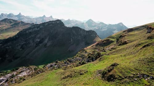 Wide View of Swiss Alps in Autumn or Fall. Mountains of Switzerland