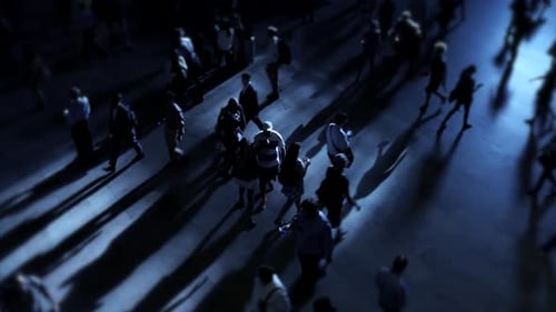 Silhouetted Crowd Walking at Night, Aerial View