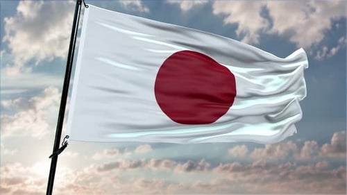 Detailed Waving Flag of Japan Against a Cloudy Sky